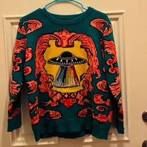 UFO Embroidered Spaceship Baroque Colorful Rainbow Heavy Knit Unisex Sweater